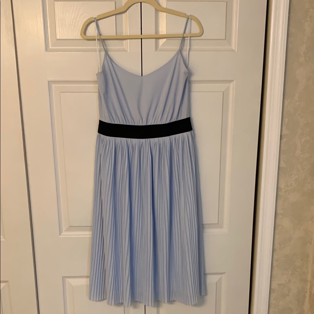 Light Blue Pleated Zara Dress with Black Waistband